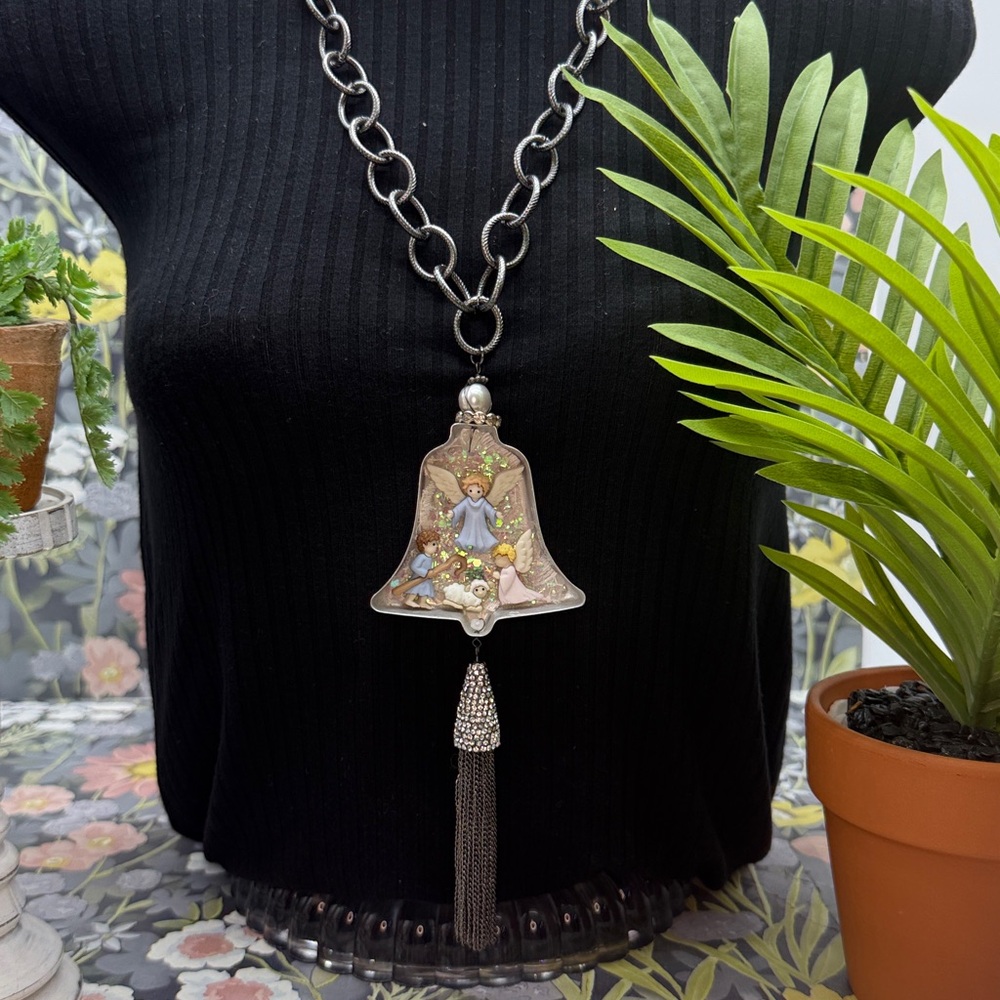 🌟Adorned Crown Jewelry vintage bell cookie cutter nativity necklace
